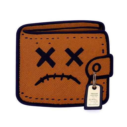 A leather wallet with X eyes and a stitched mouth
